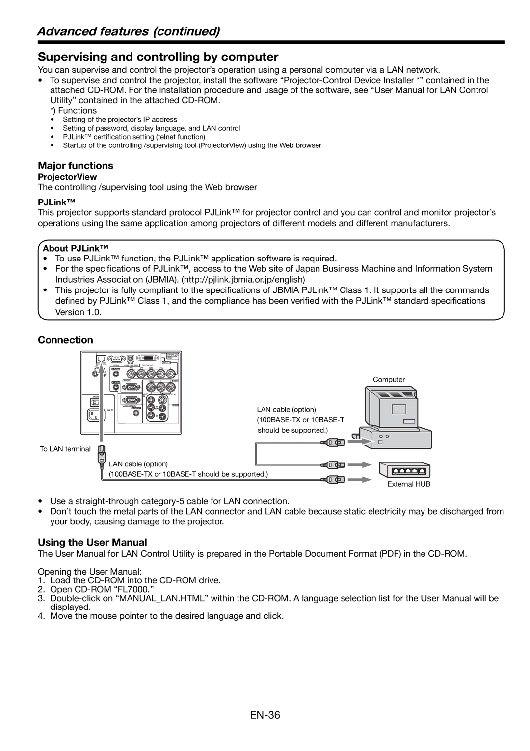 Mitsubishi Electronics FL7000 user manual Supervising and controlling by computer, ProjectorView, About PJLink 