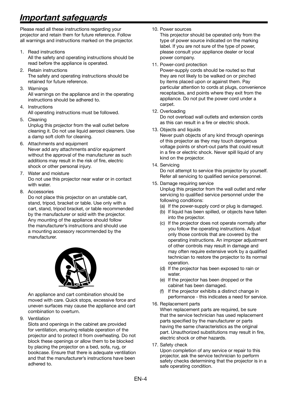 Mitsubishi Electronics FL7000 user manual Important safeguards 
