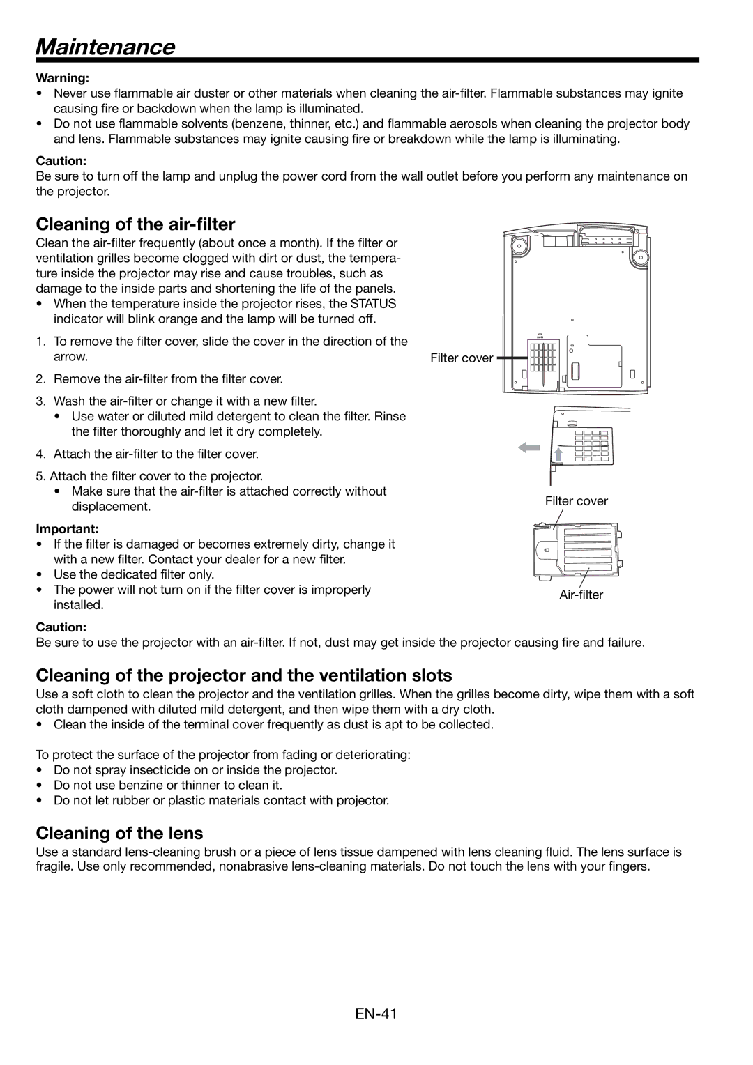 Mitsubishi Electronics FL7000 Maintenance, Cleaning of the air-ﬁlter, Cleaning of the projector and the ventilation slots 