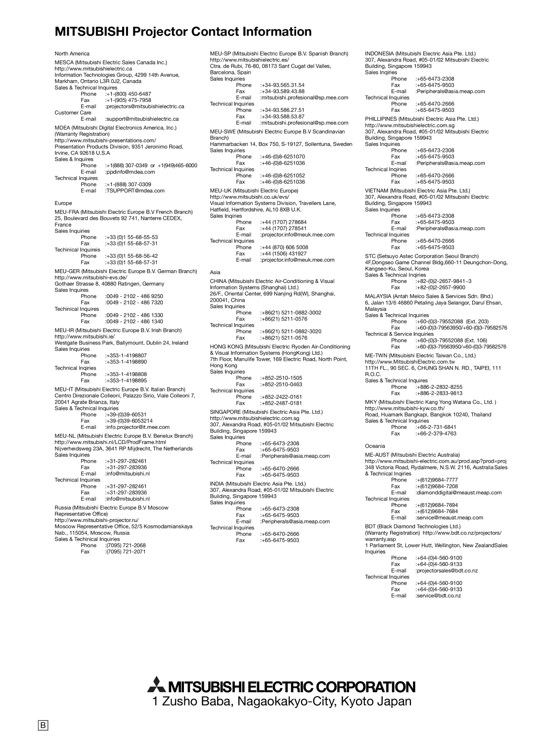 Mitsubishi Electronics FL7000 user manual Mitsubishi Projector Contact Information 