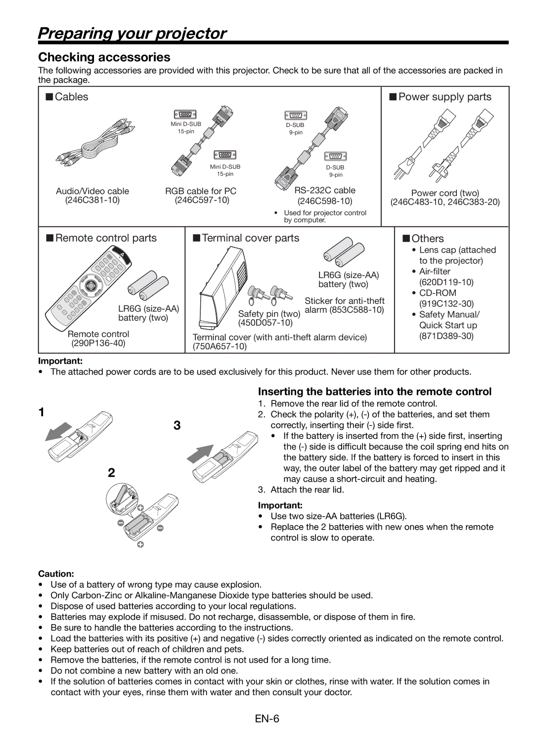 Mitsubishi Electronics FL7000 user manual Preparing your projector, Checking accessories 