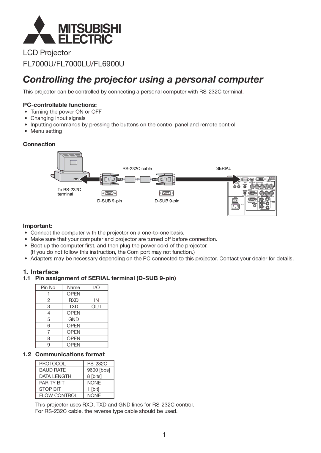 Mitsubishi Electronics FL7000U, FL7000LU manual Interface, PC-controllable functions, Connection, Communications format 