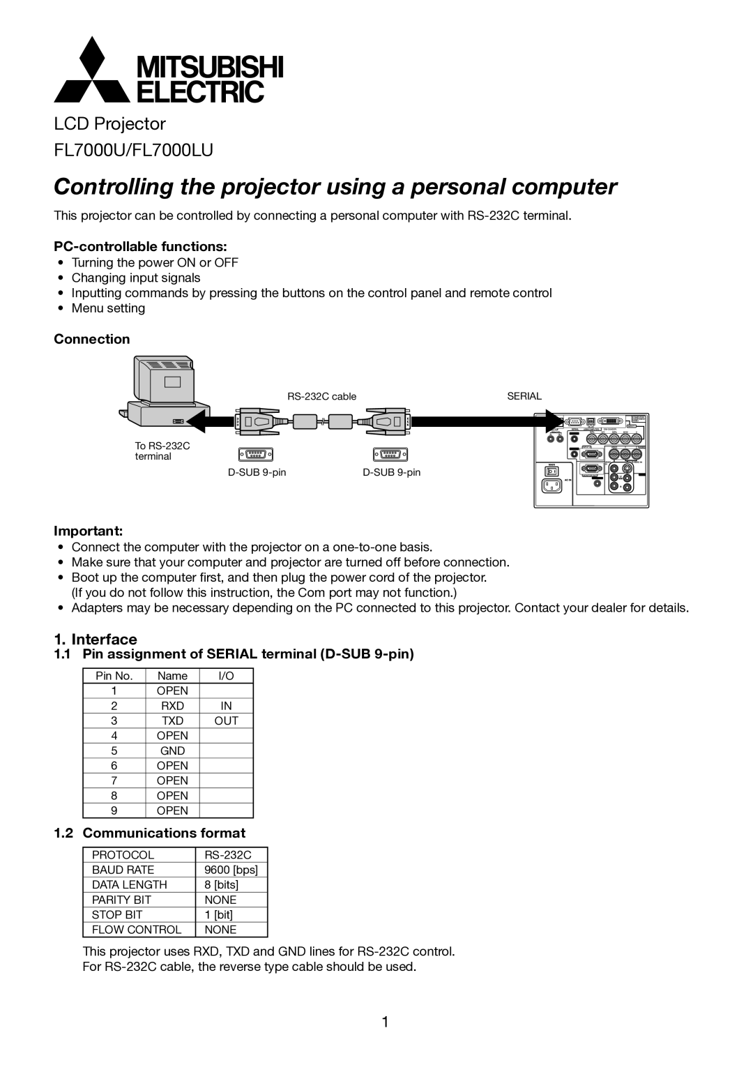 Mitsubishi Electronics FL7000LU manual Interface, PC-controllable functions, Connection, Communications format 