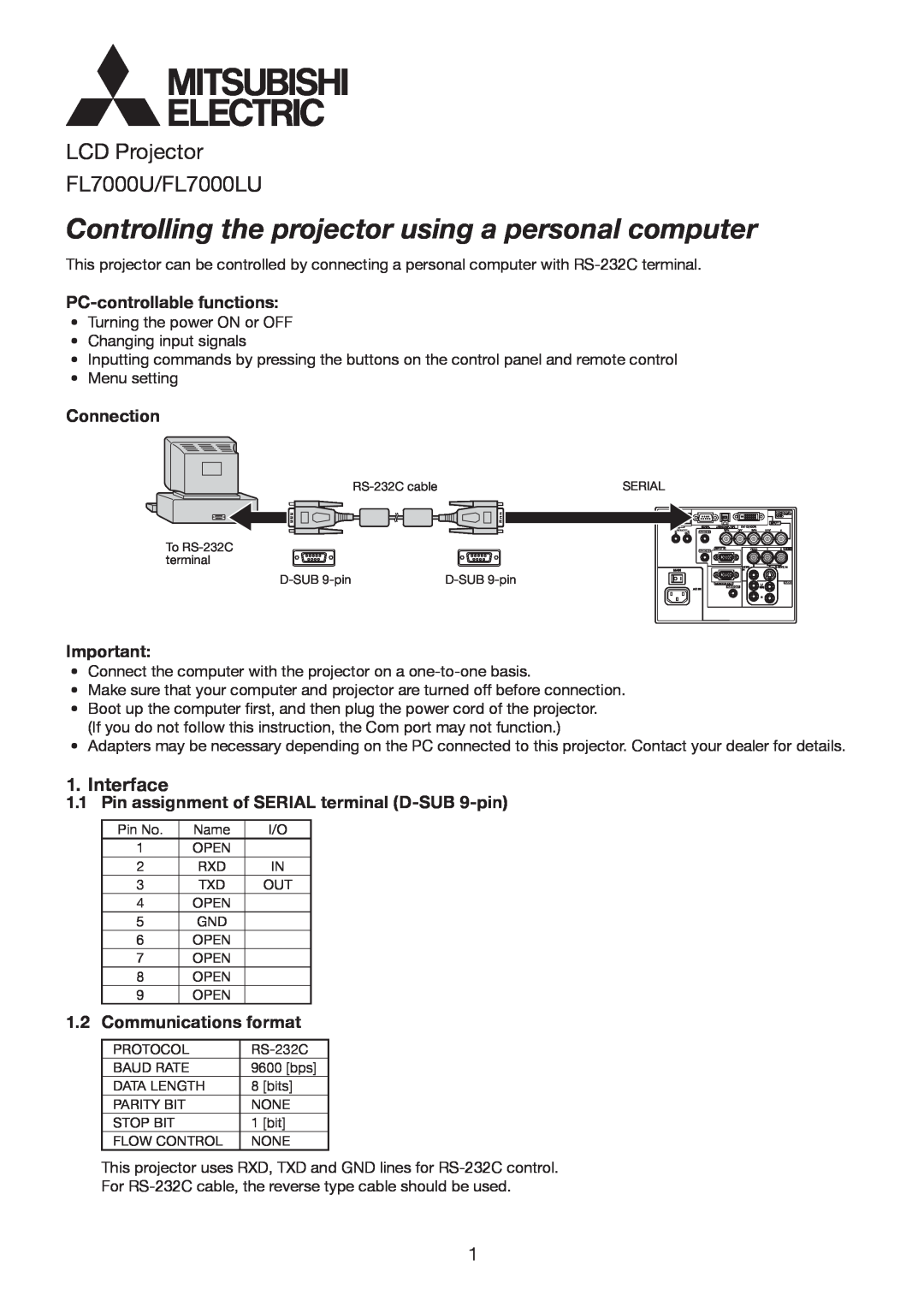 Mitsubishi Electronics FL7000LU manual Interface, PC-controllable functions, Connection, Communications format 