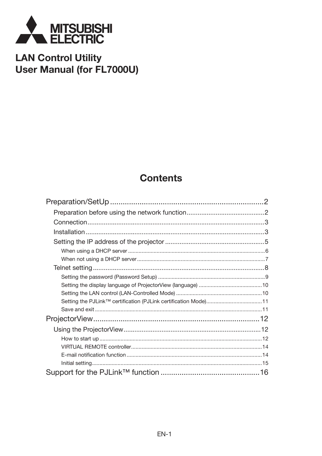 Mitsubishi Electronics FL7000U user manual LAN Control Utility Contents 