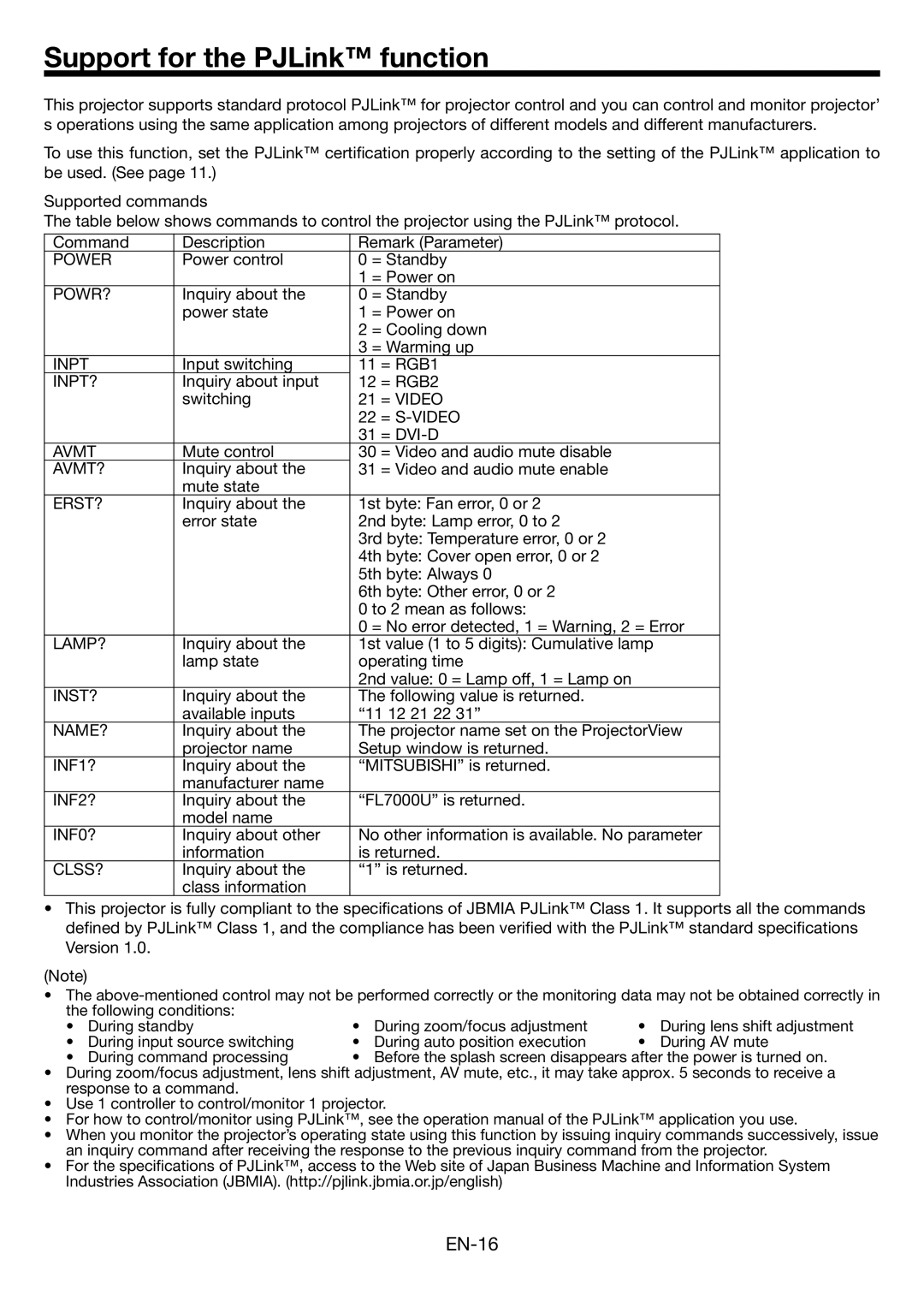 Mitsubishi Electronics FL7000U user manual Support for the PJLink function, EN-16 