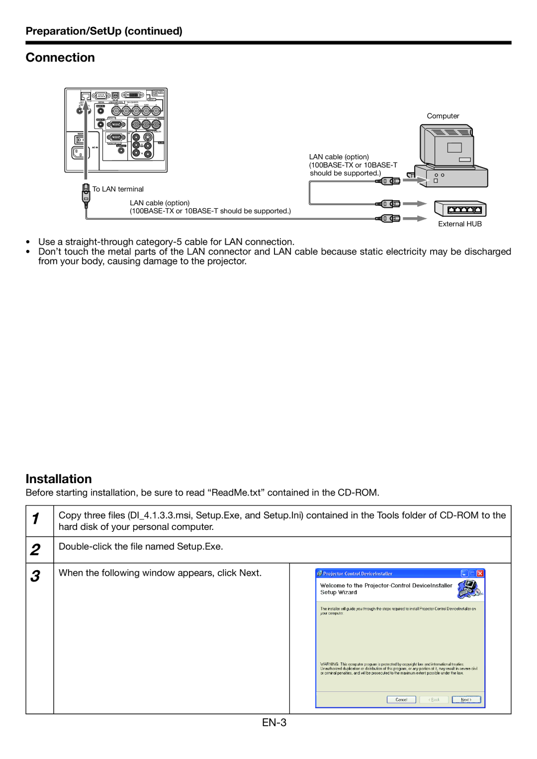 Mitsubishi Electronics FL7000U user manual Connection, Installation, Preparation/SetUp, EN-3 