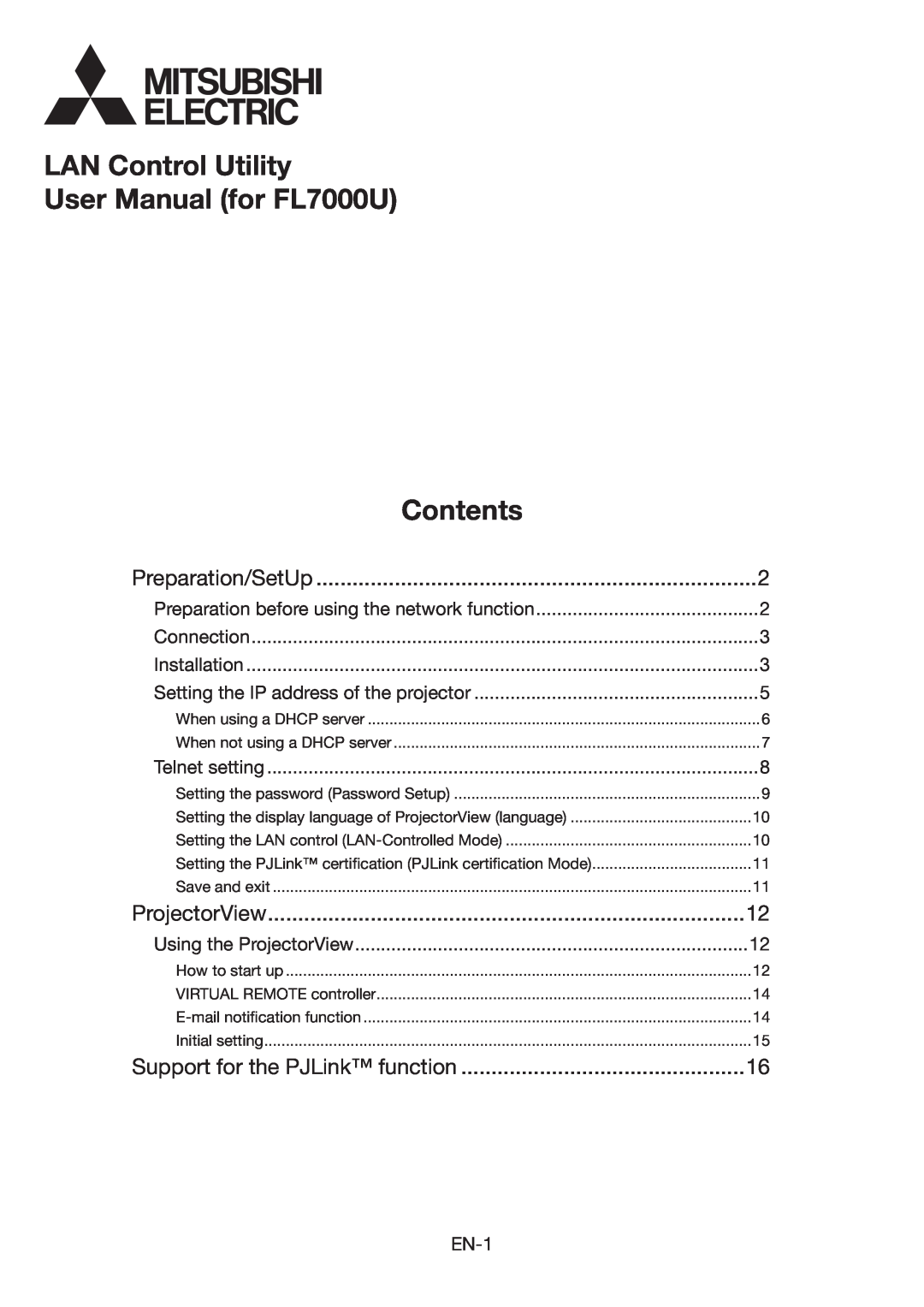 Mitsubishi Electronics user manual LAN Control Utility User Manual for FL7000U, Contents, Connection, Installation 