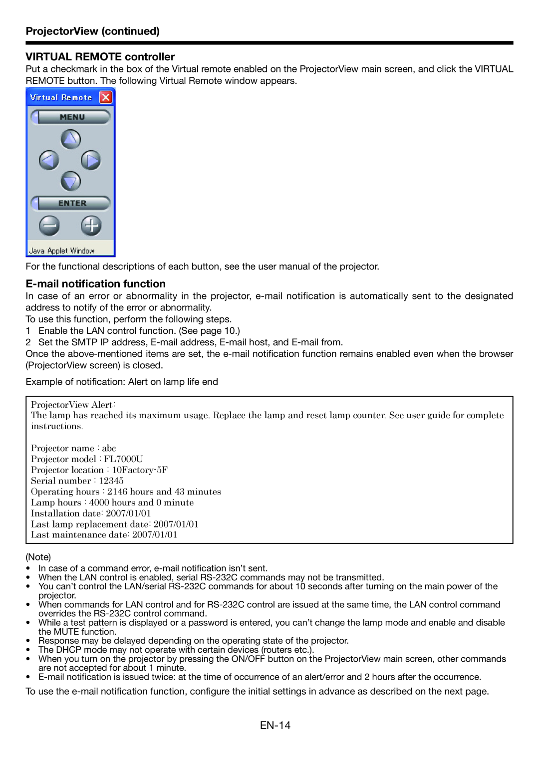 Mitsubishi Electronics FL7000U ProjectorView continued VIRTUAL REMOTE controller, E-mail notiﬁcation function, EN-14 