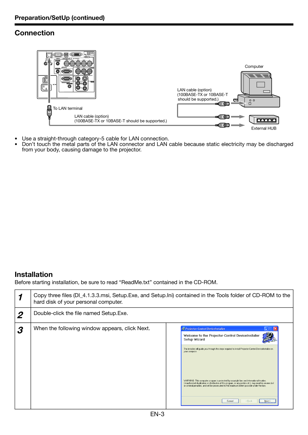 Mitsubishi Electronics FL7000U user manual Connection, Installation, Preparation/SetUp continued, EN-3 