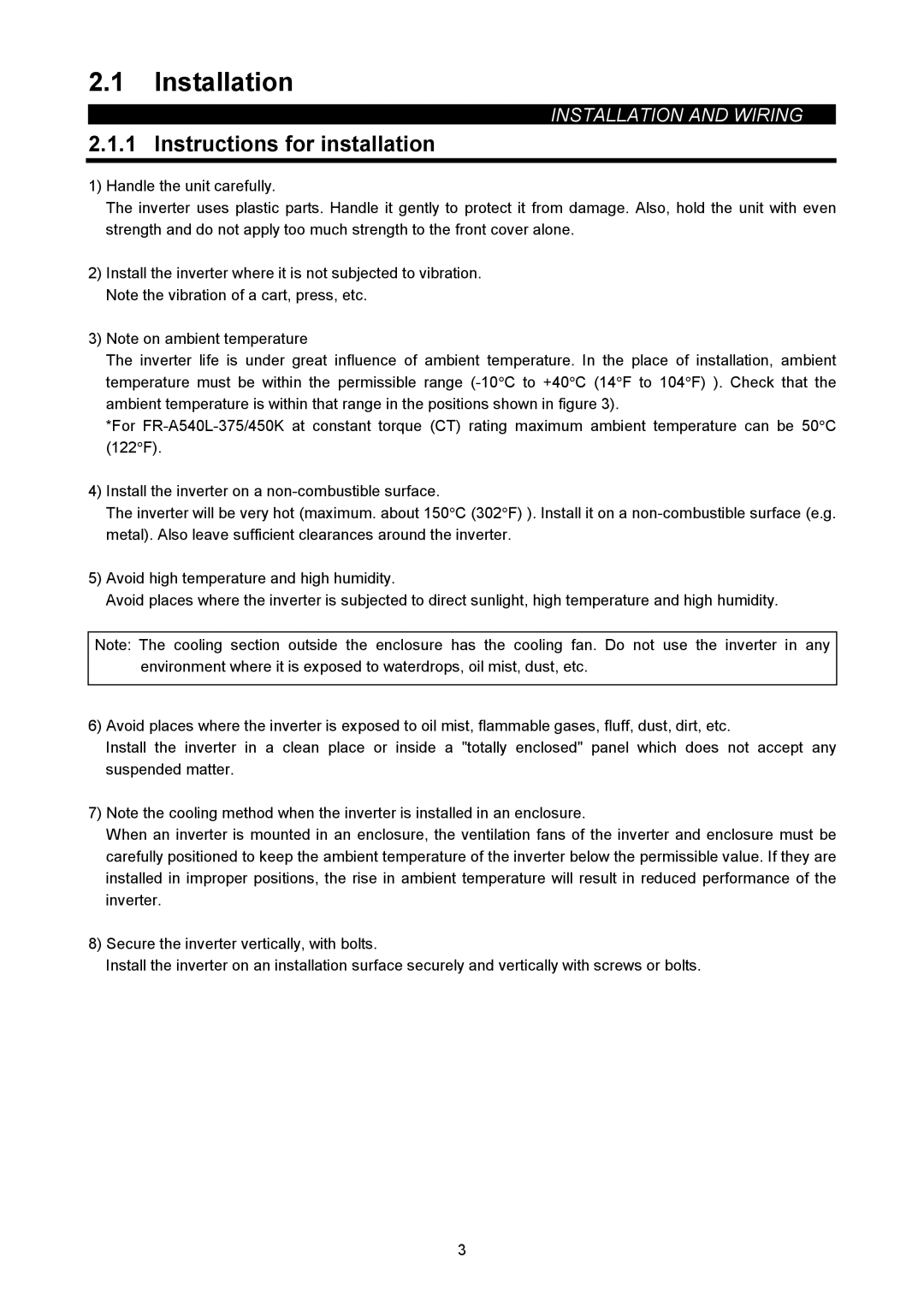 Mitsubishi Electronics FR-A500L instruction manual Installation, Instructions for installation 