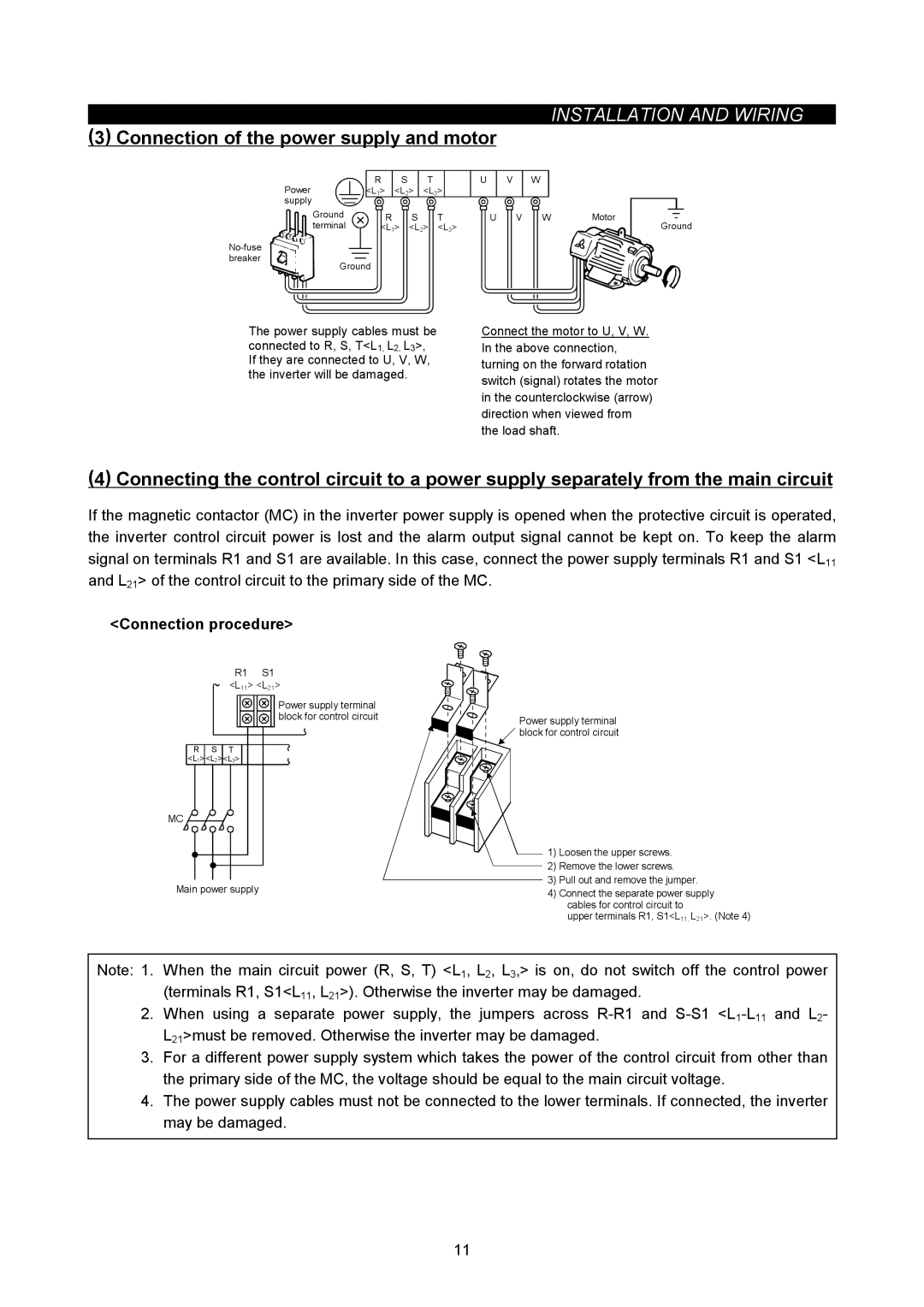 Mitsubishi Electronics FR-A500L instruction manual Connection of the power supply and motor, Connection procedure 