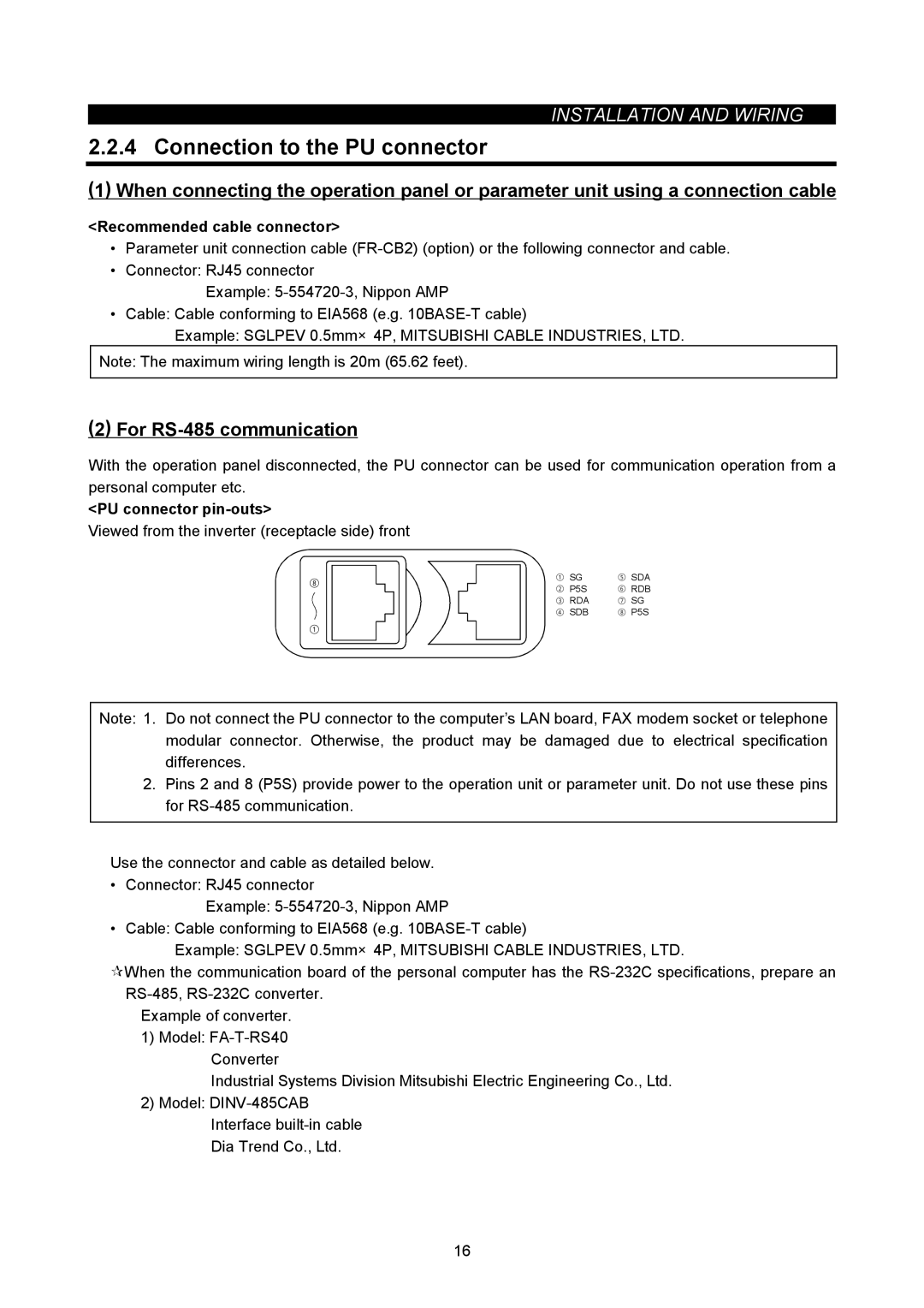 Mitsubishi Electronics FR-A500L instruction manual Connection to the PU connector, For RS-485 communication 