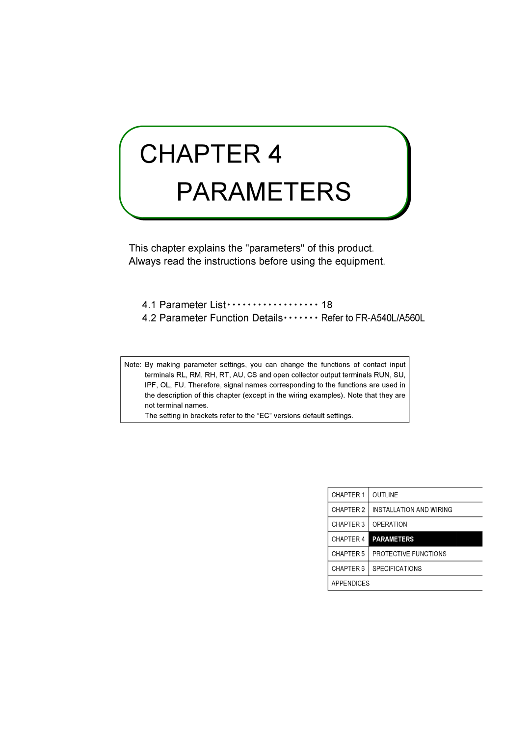 Mitsubishi Electronics FR-A500L instruction manual Chapter Parameters 