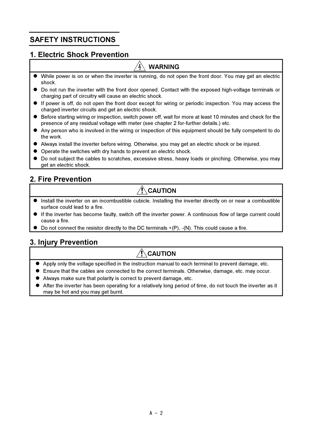 Mitsubishi Electronics FR-A500L instruction manual Electric Shock Prevention, Fire Prevention, Injury Prevention 