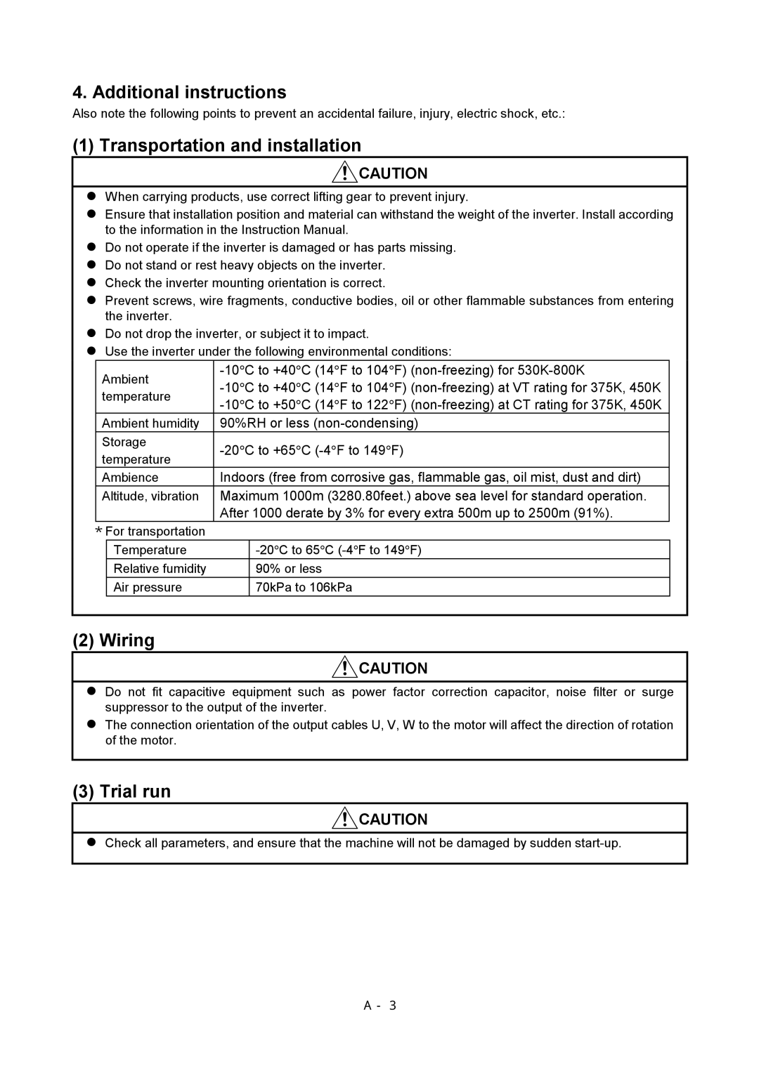 Mitsubishi Electronics FR-A500L Additional instructions, Transportation and installation, Wiring, Trial run 