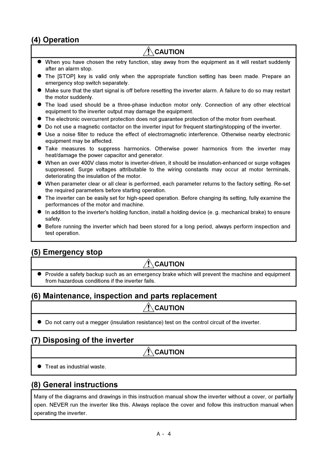 Mitsubishi Electronics FR-A500L instruction manual Operation, Emergency stop, Maintenance, inspection and parts replacement 