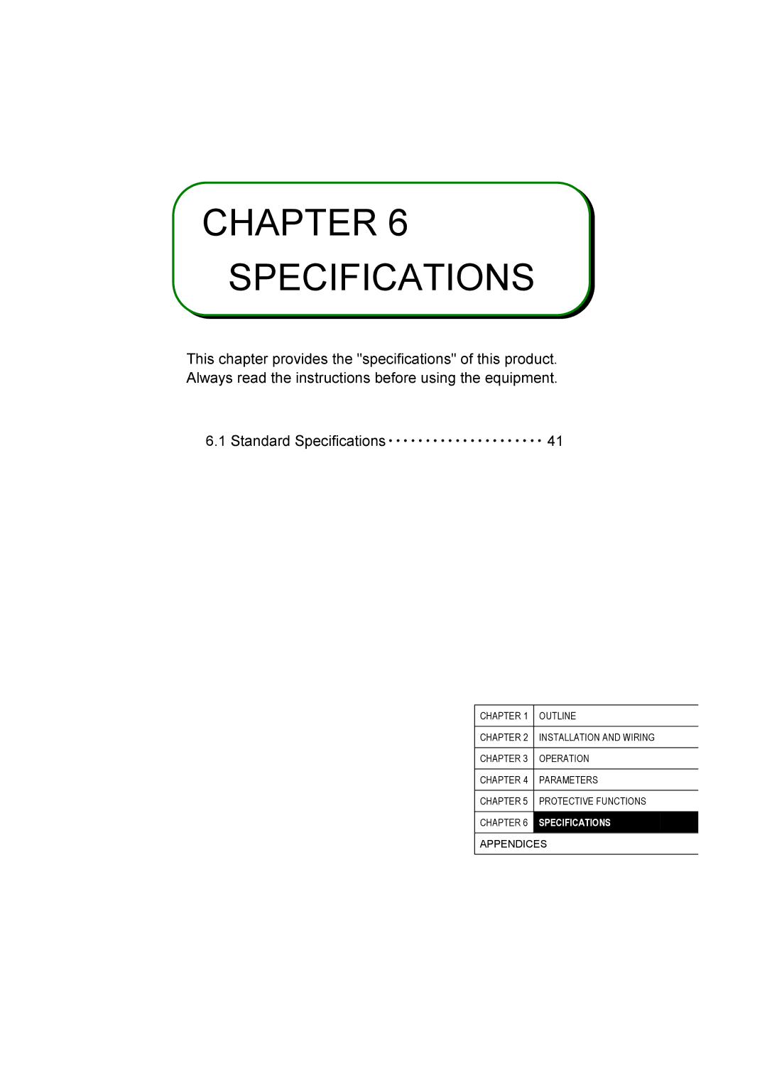 Mitsubishi Electronics FR-A500L instruction manual Chapter Specifications 