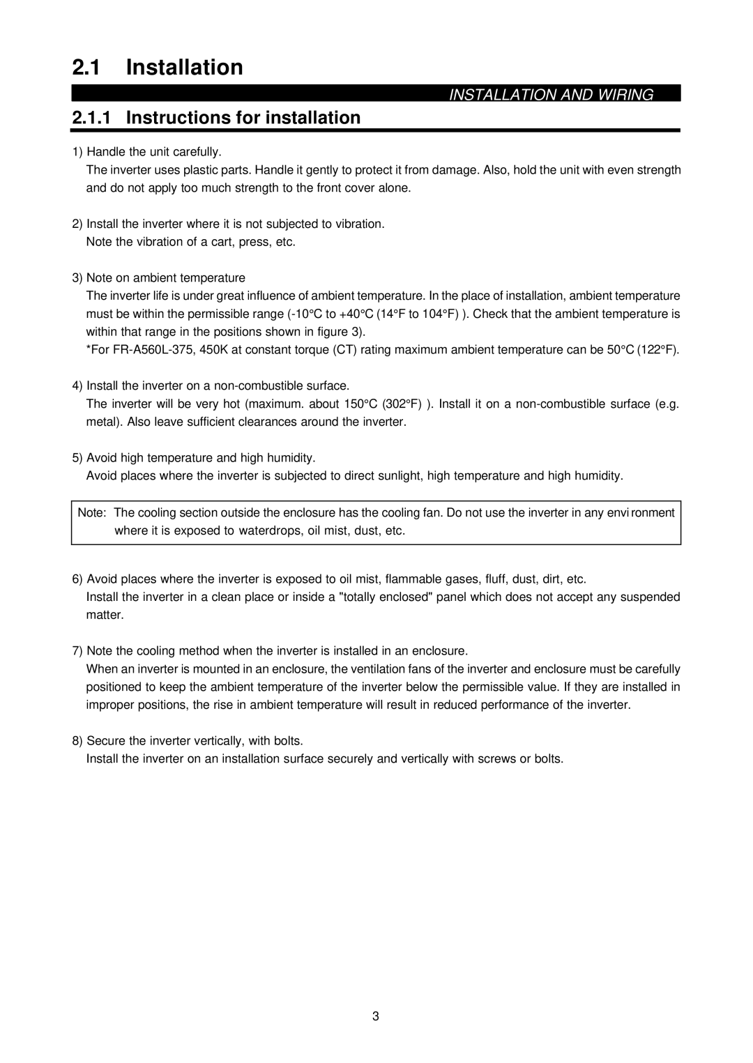 Mitsubishi Electronics FR-A500L instruction manual Installation, Instructions for installation 