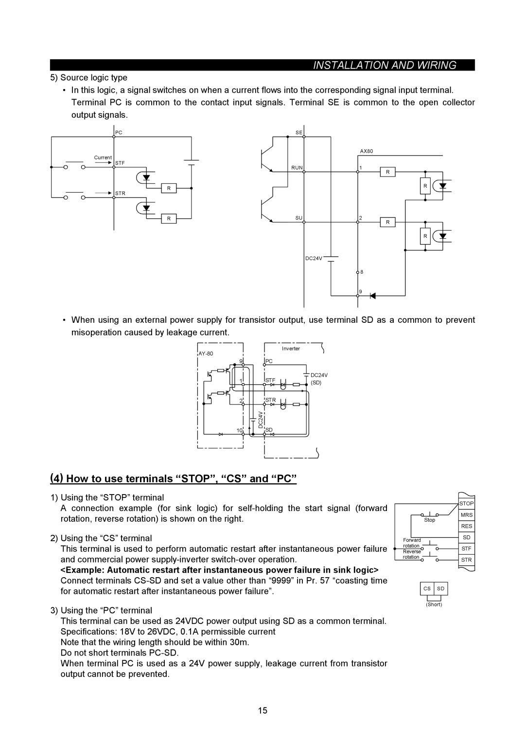 Mitsubishi Electronics FR-A500L instruction manual How to use terminals STOP, CS and PC 