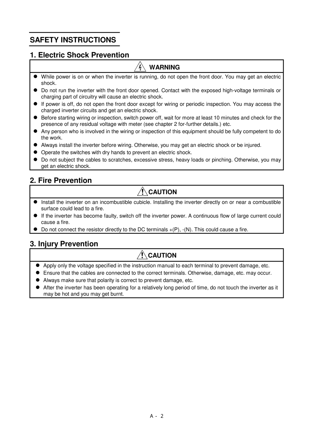 Mitsubishi Electronics FR-A500L instruction manual Electric Shock Prevention, Fire Prevention, Injury Prevention 