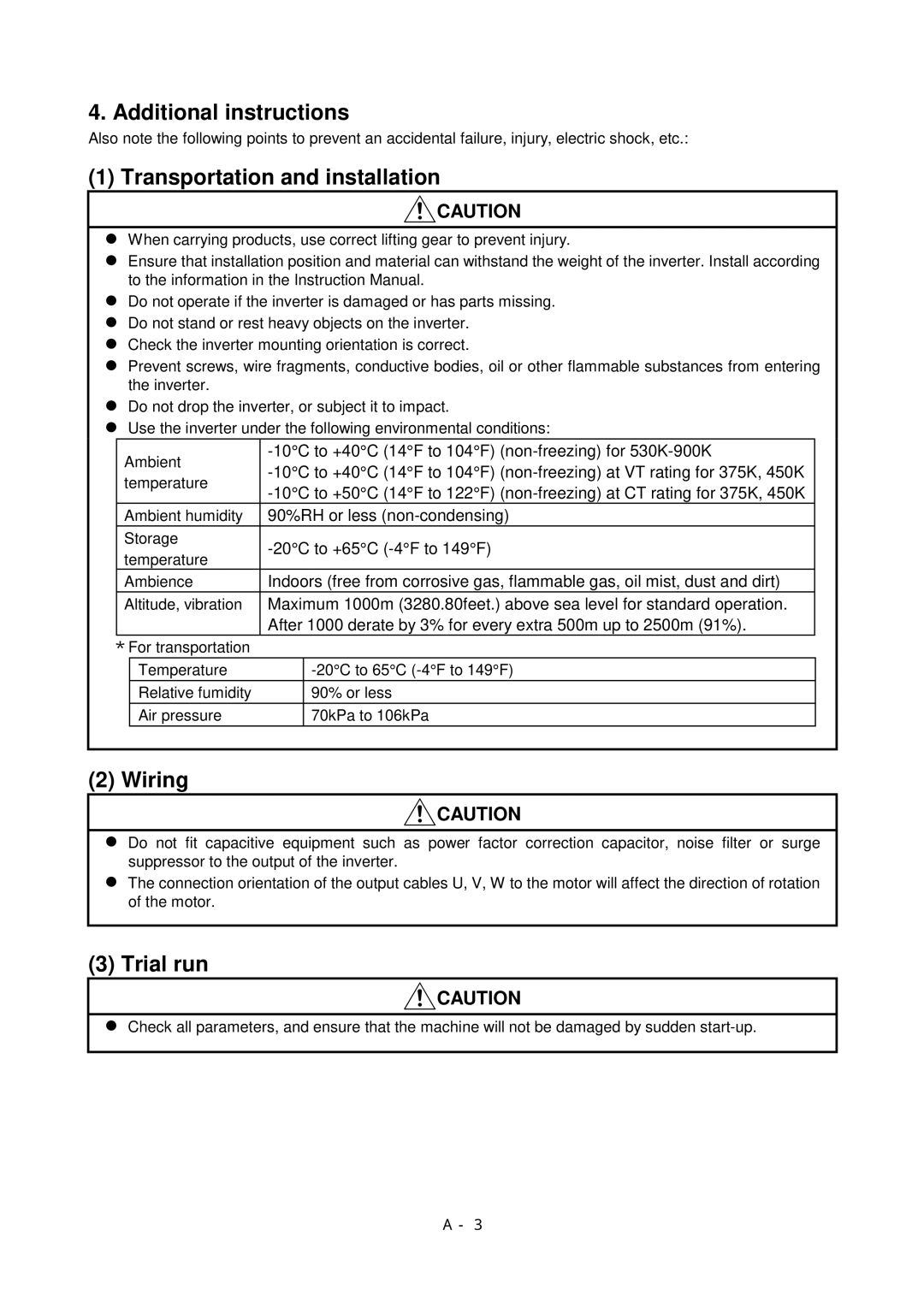 Mitsubishi Electronics FR-A500L Additional instructions, Transportation and installation, Wiring, Trial run 