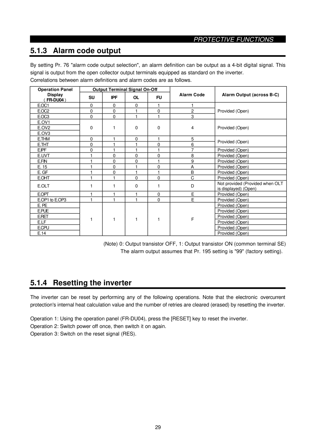 Mitsubishi Electronics FR-A500L Alarm code output, Resetting the inverter, Alarm Code Alarm Output across B-C （FR-DU04 ） 