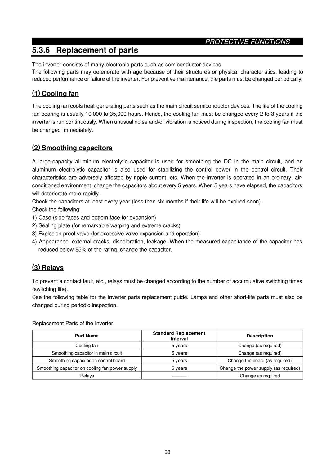 Mitsubishi Electronics FR-A500L instruction manual Replacement of parts, Cooling fan, Smoothing capacitors, Relays 