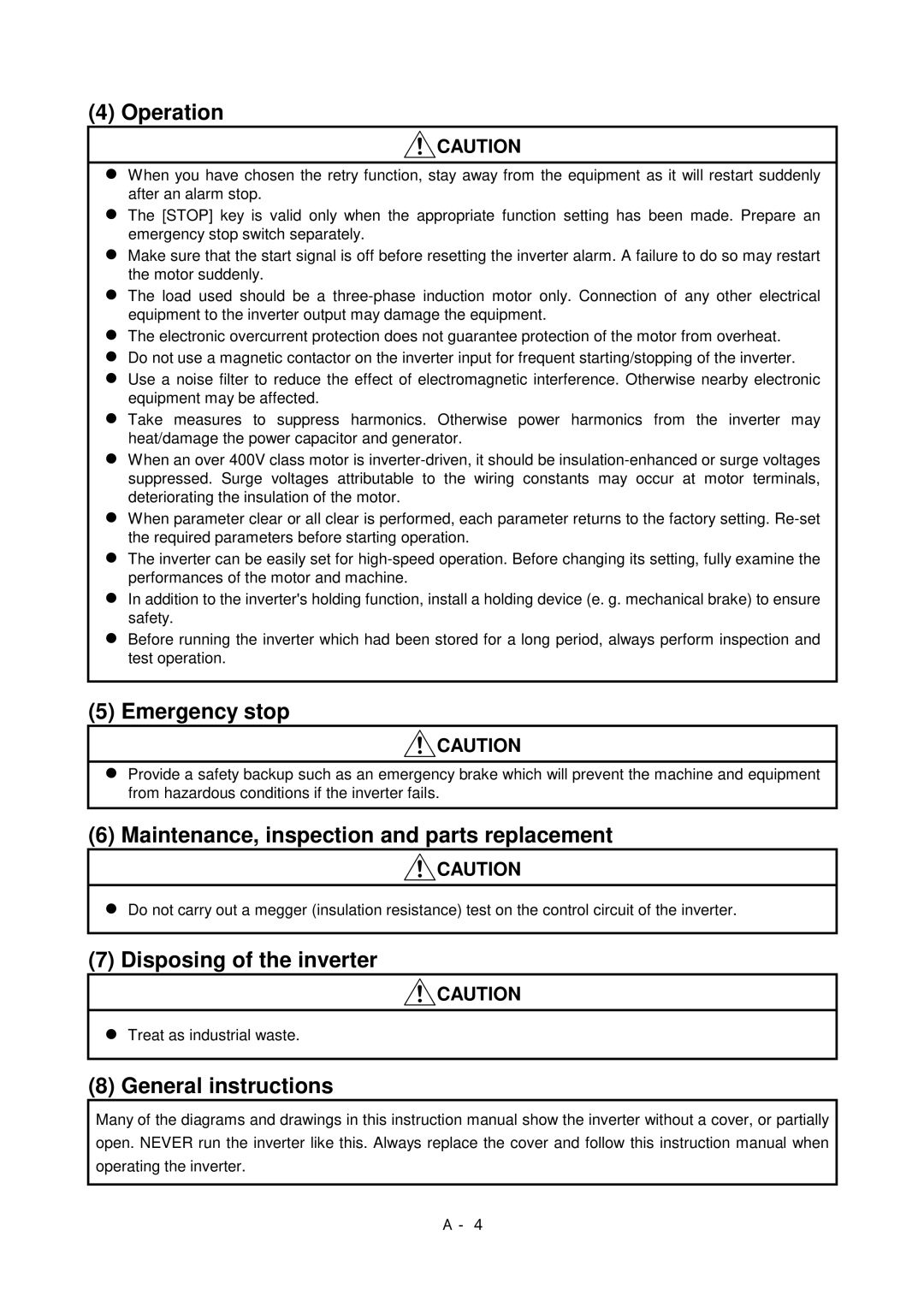 Mitsubishi Electronics FR-A500L instruction manual Operation, Emergency stop, Maintenance, inspection and parts replacement 