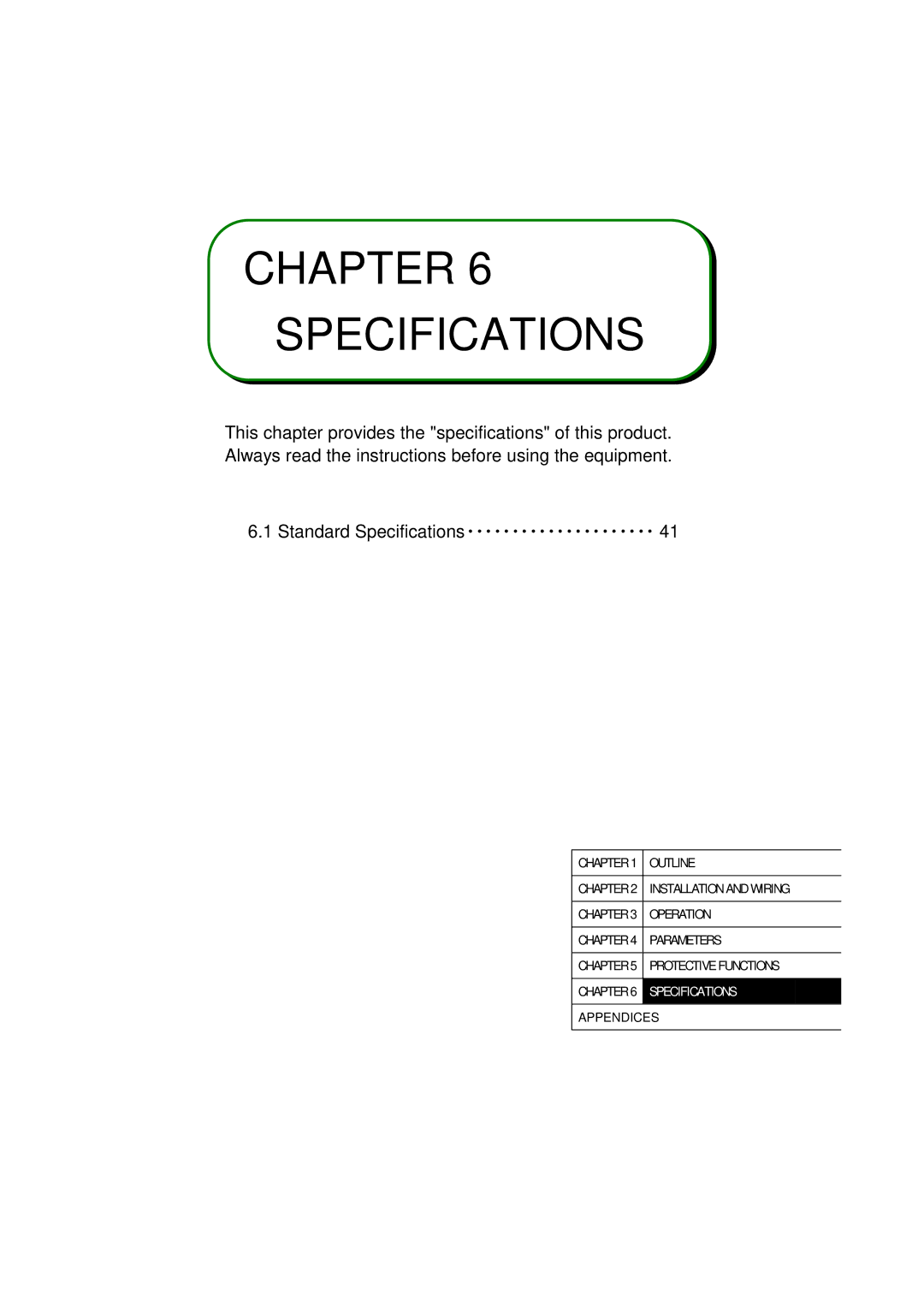 Mitsubishi Electronics FR-A500L instruction manual Chapter Specifications 