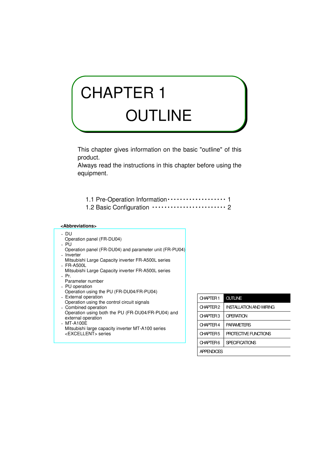 Mitsubishi Electronics FR-A500L instruction manual Chapter Outline 