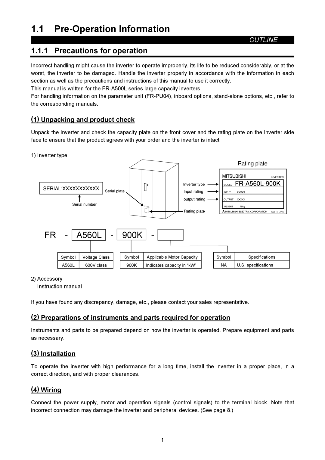 Mitsubishi Electronics FR-A500L Pre-Operation Information, Precautions for operation, Unpacking and product check, Wiring 