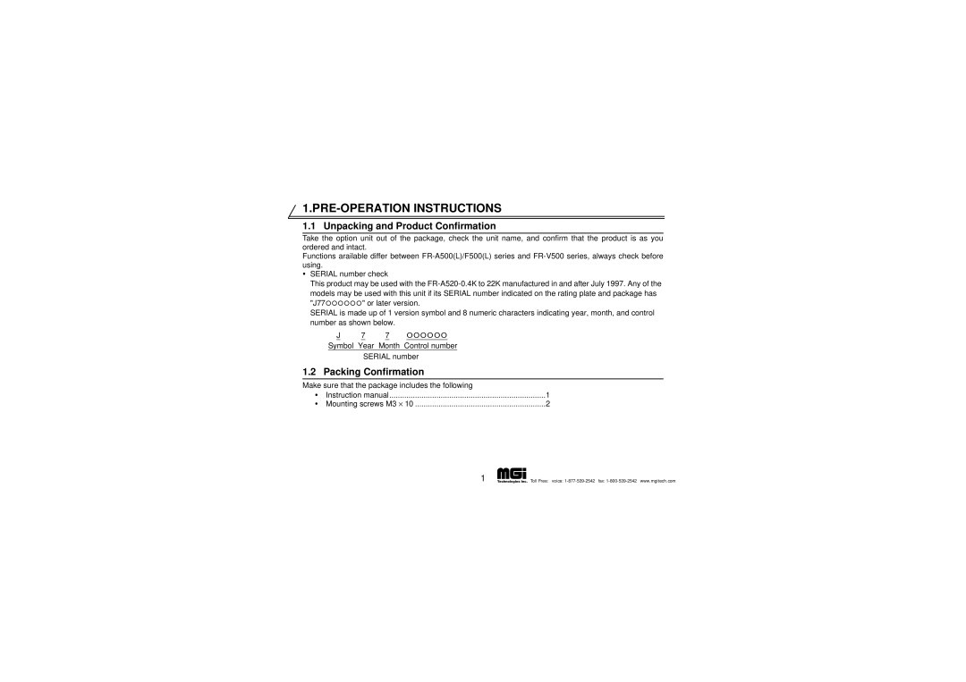 Mitsubishi Electronics FR-A5AR PRE-OPERATION Instructions, Unpacking and Product Confirmation, Packing Confirmation 