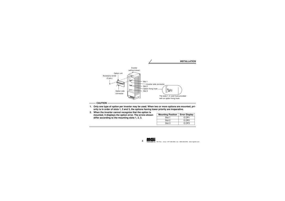 Mitsubishi Electronics FR-A5AR instruction manual Installation, Mounting Position Error Display 