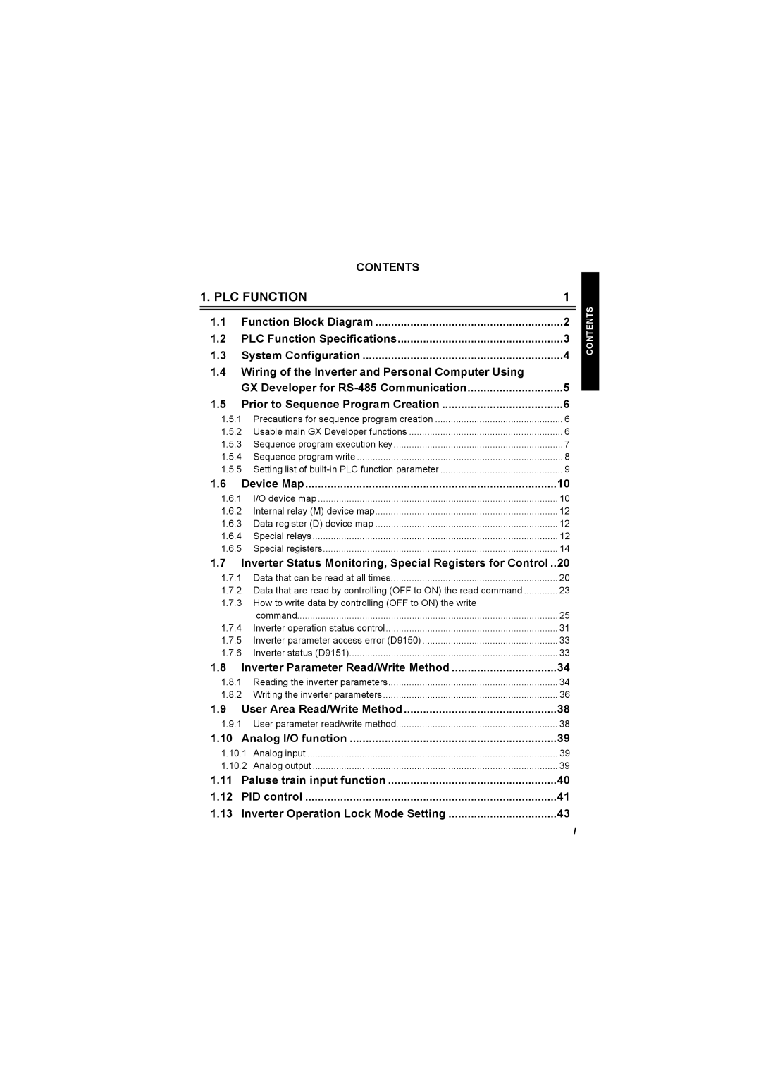 Mitsubishi Electronics FR-A700 Inverter Status Monitoring, Special Registers for Control, Analog I/O function, Device Map 