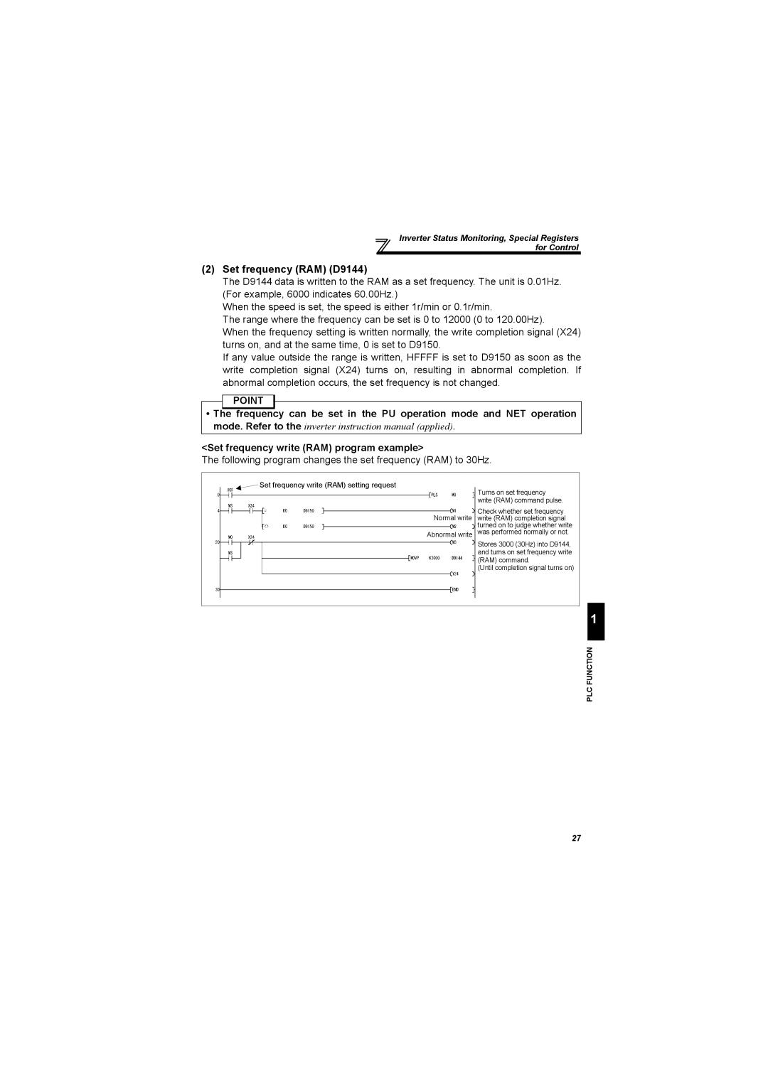 Mitsubishi Electronics FR-A700, 700 Series specifications Set frequency RAM D9144, Set frequency write RAM program example 