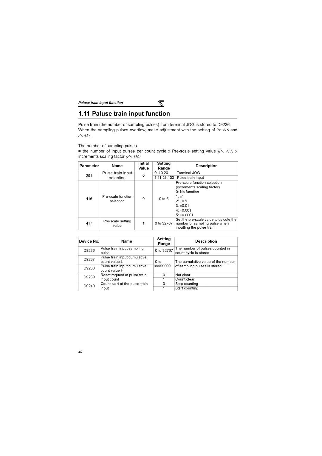 Mitsubishi Electronics 700 Series Paluse train input function, Selection, Device No Name Setting Description Range 