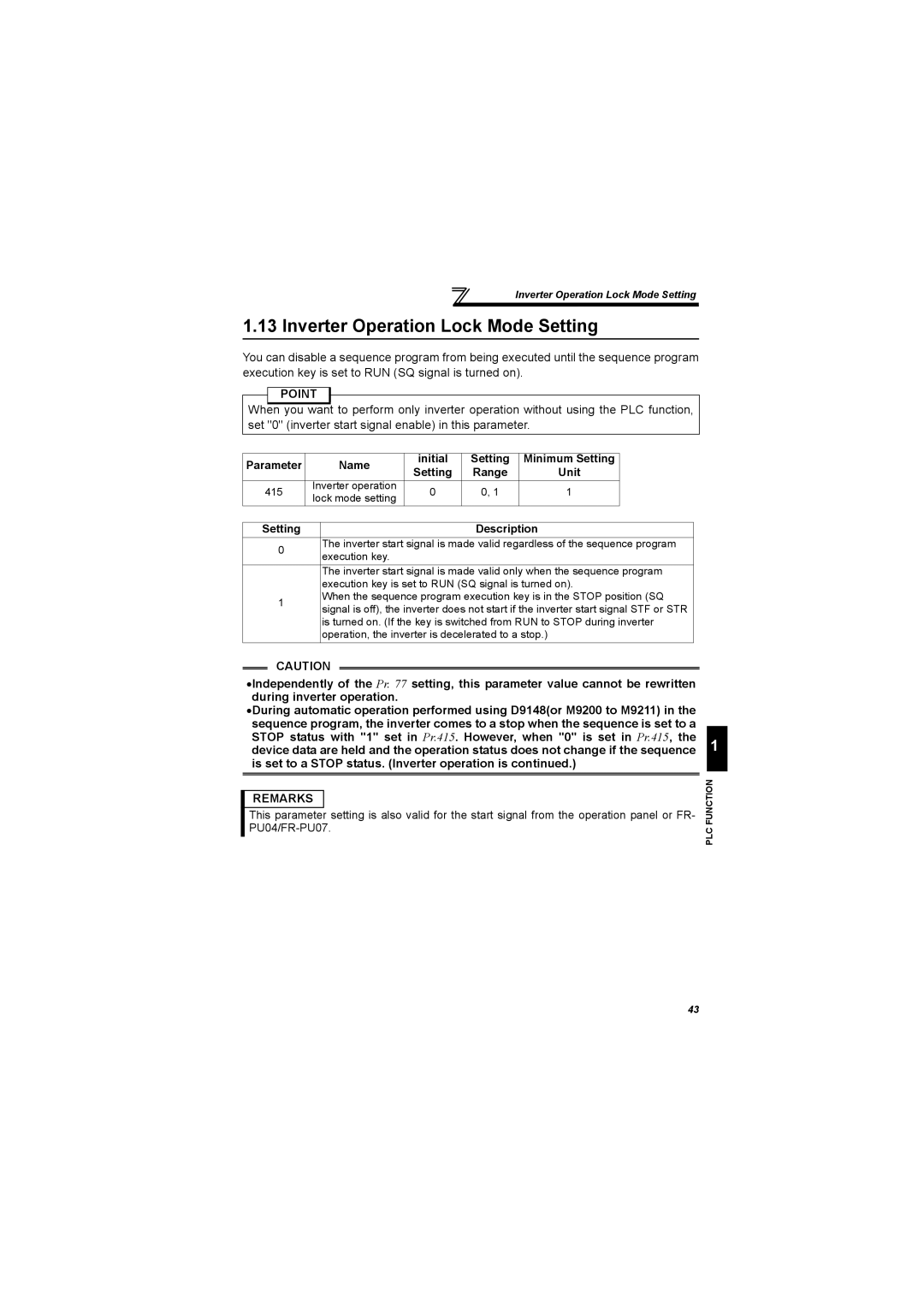 Mitsubishi Electronics FR-A700 Inverter Operation Lock Mode Setting, Name Initial Setting Minimum Setting Range Unit 