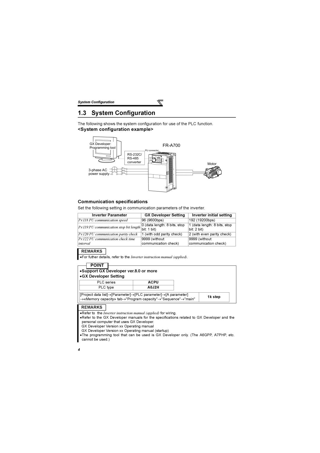 Mitsubishi Electronics 700 Series System Configuration, System configuration example, Communication specifications 