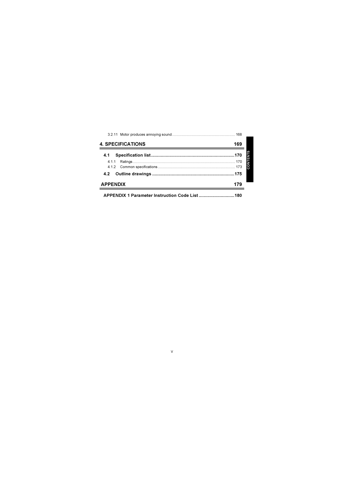 Mitsubishi Electronics FR-S500 instruction manual Specification list 170, Outline drawings 175, 180 