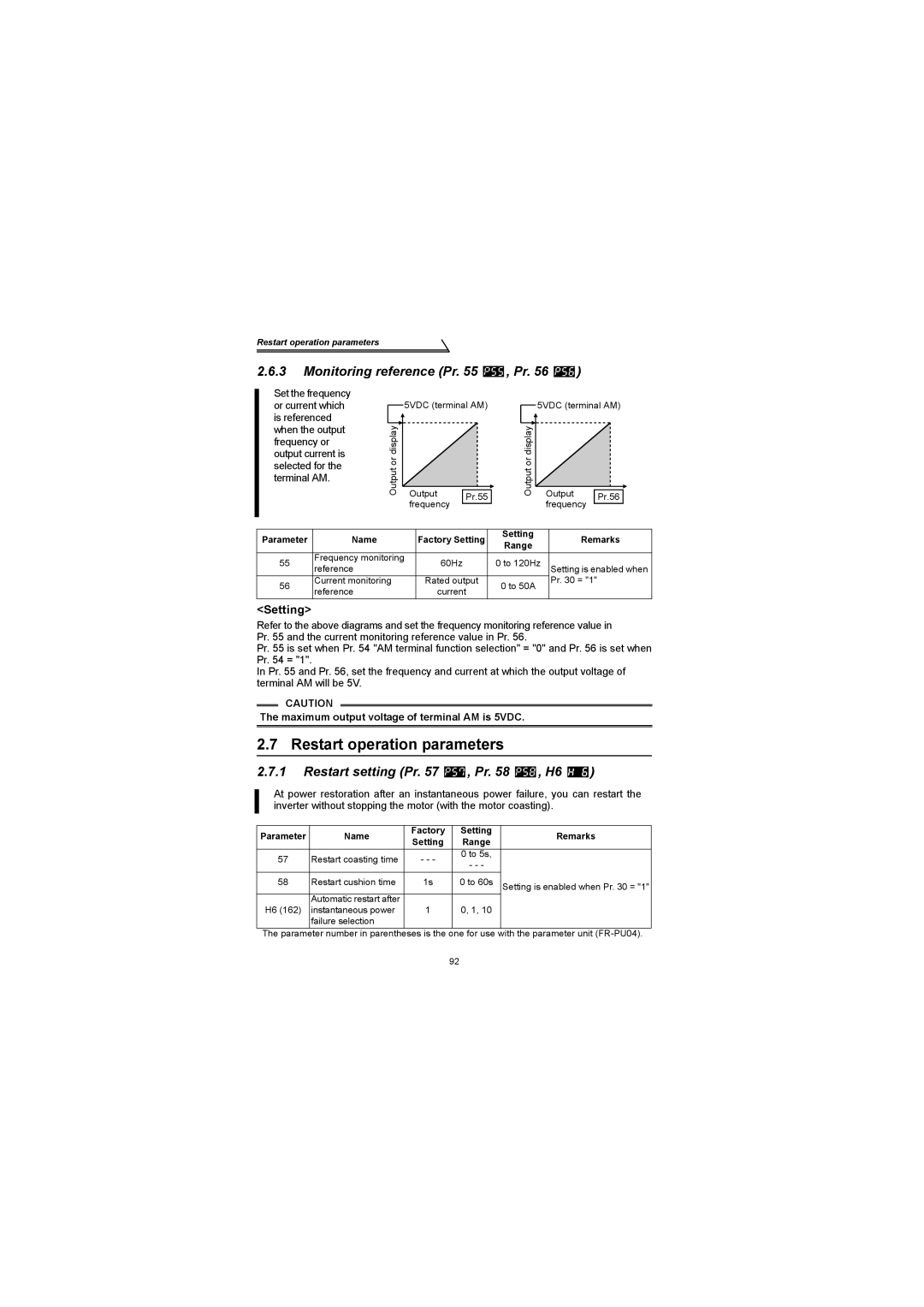 Mitsubishi Electronics FR-S500 Restart operation parameters, Monitoring reference Pr , Pr, Restart setting Pr , Pr , H6 