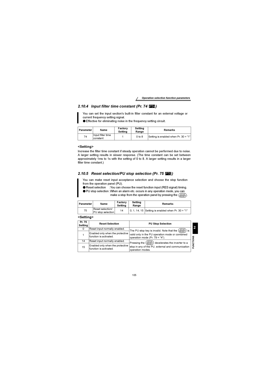 Mitsubishi Electronics FR-S500 instruction manual Input filter time constant Pr, Reset selection/PU stop selection Pr 