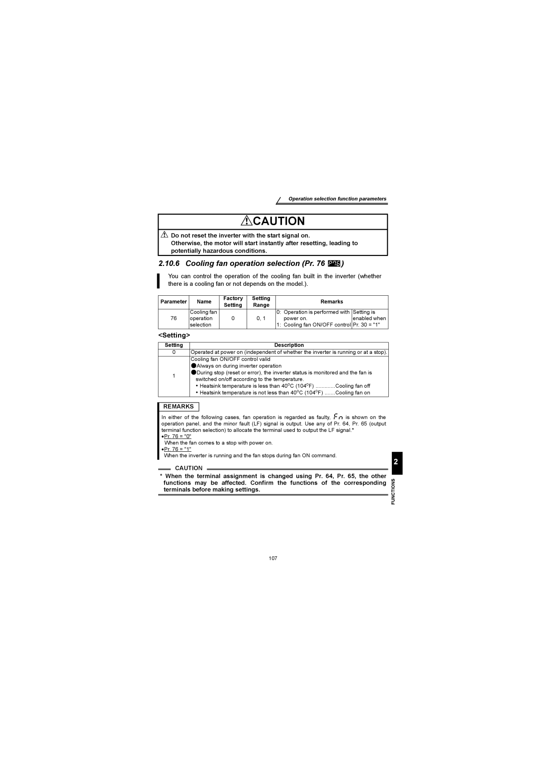 Mitsubishi Electronics FR-S500 instruction manual Cooling fan operation selection Pr 