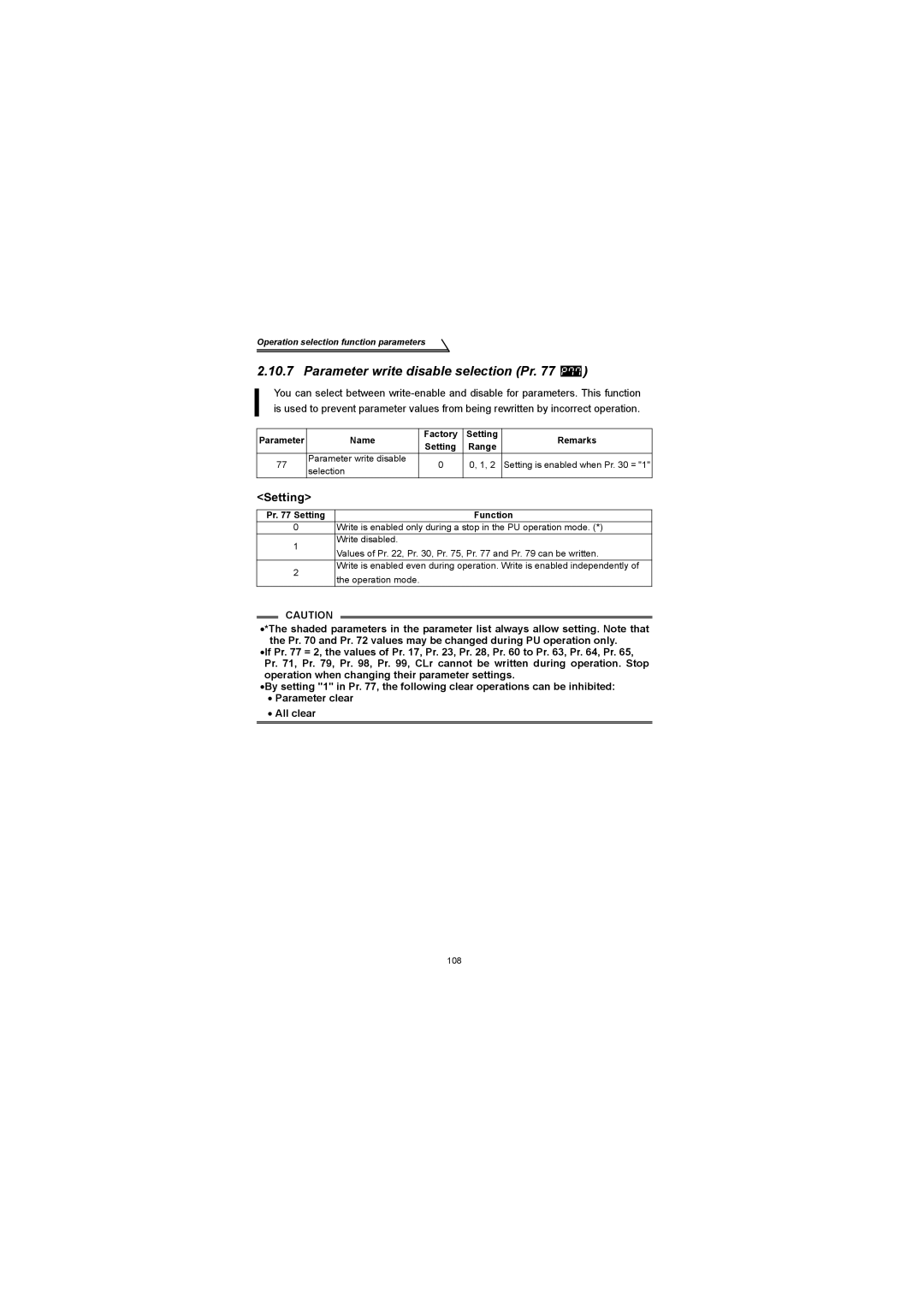 Mitsubishi Electronics FR-S500 instruction manual Parameter write disable selection Pr, Pr Setting Function 