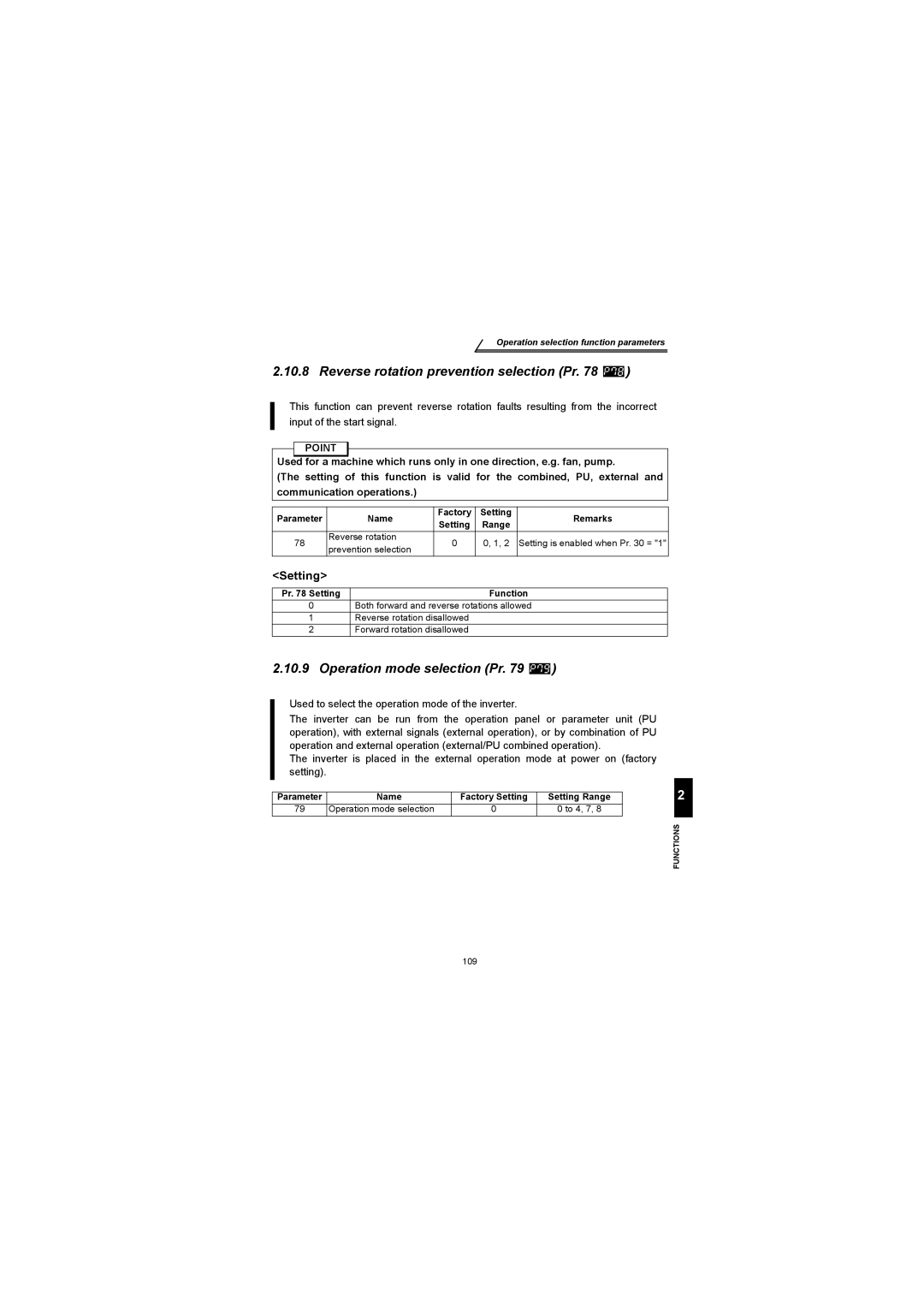 Mitsubishi Electronics FR-S500 instruction manual Reverse rotation prevention selection Pr, Operation mode selection Pr 