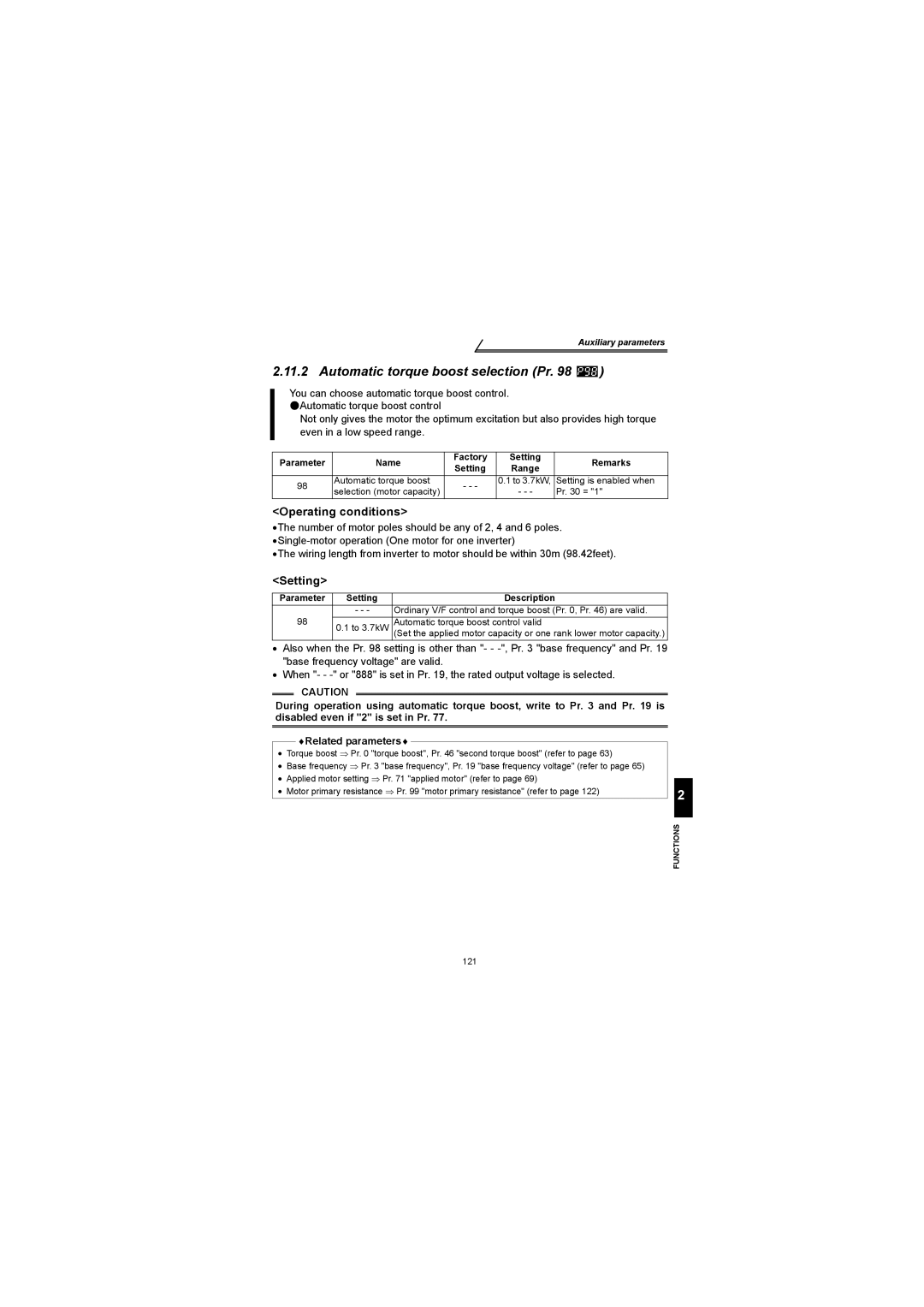 Mitsubishi Electronics FR-S500 Automatic torque boost selection Pr, Operating conditions, Setting Description 