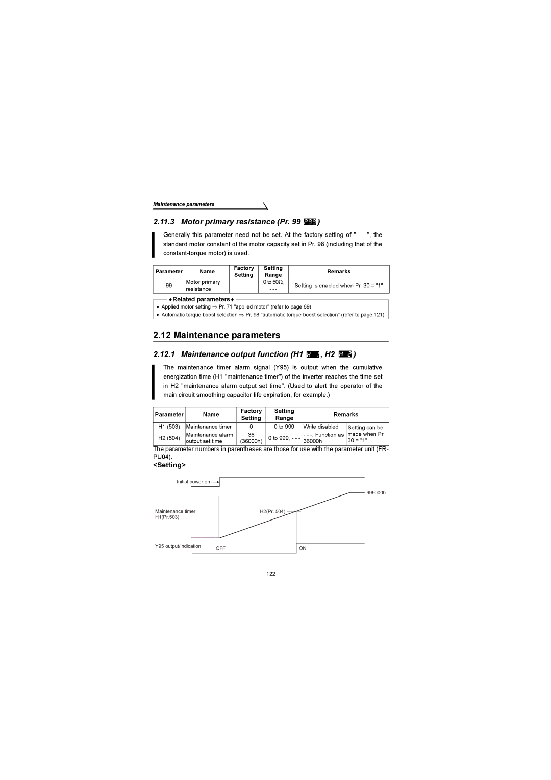 Mitsubishi Electronics FR-S500 Maintenance parameters, Motor primary resistance Pr, Maintenance output function H1 , H2 