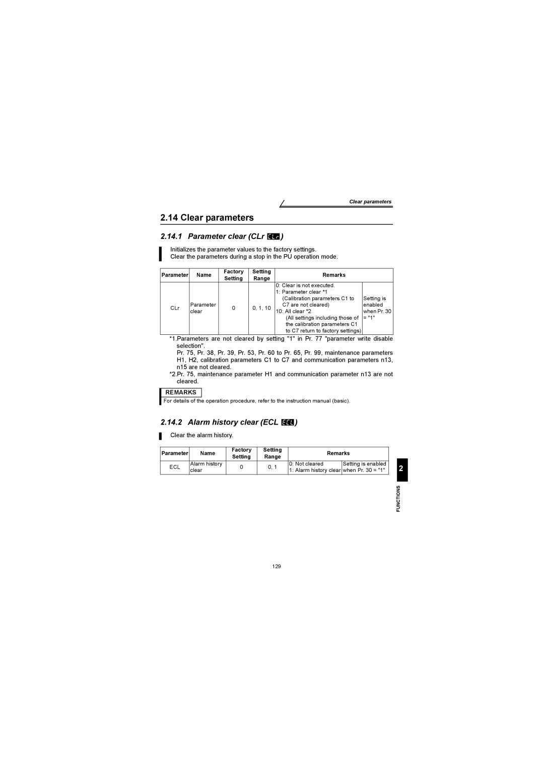 Mitsubishi Electronics FR-S500 Clear parameters, Parameter clear CLr, Alarm history clear ECL, Clear the alarm history 