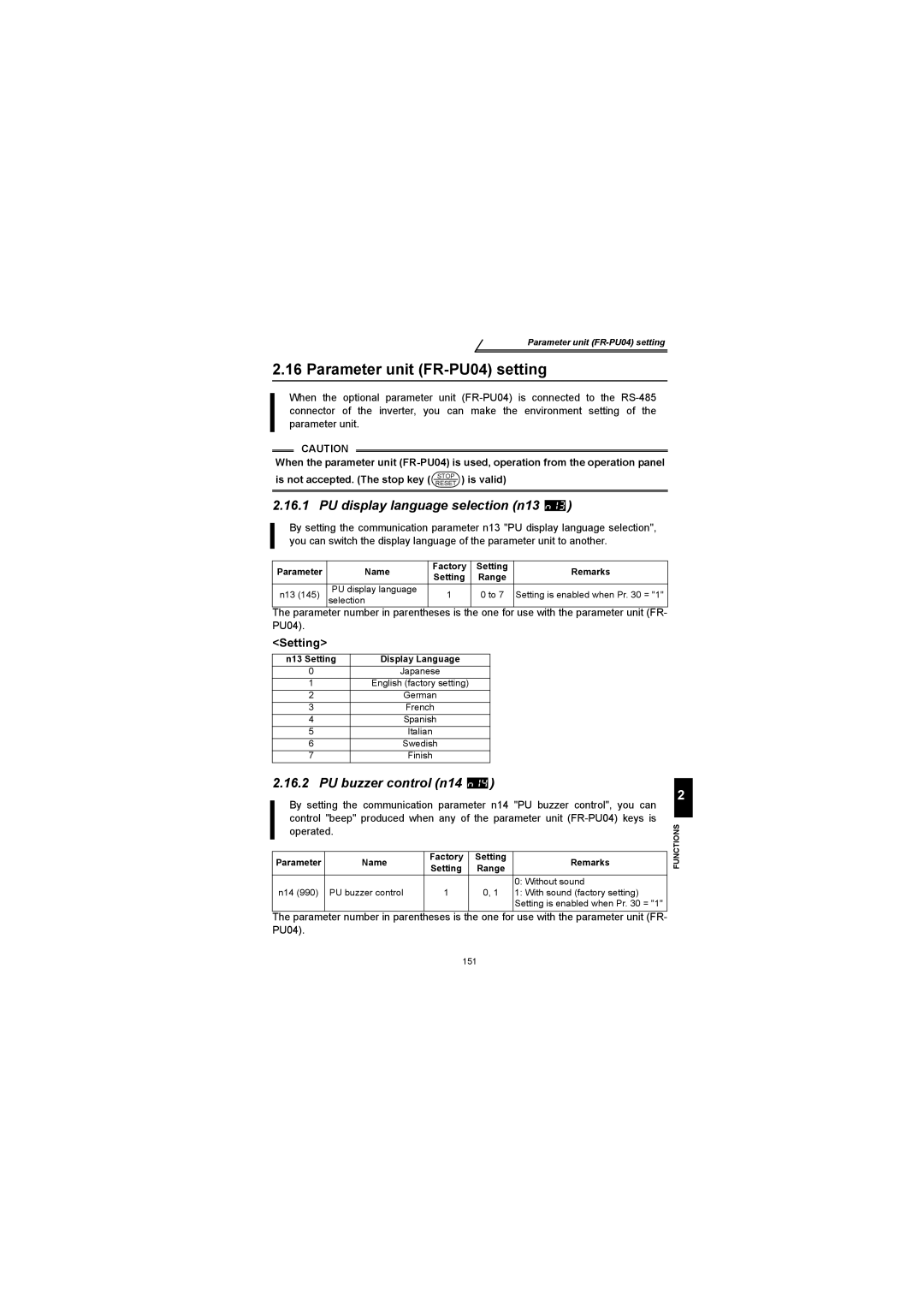 Mitsubishi Electronics FR-S500 Parameter unit FR-PU04 setting, PU display language selection n13, PU buzzer control n14 