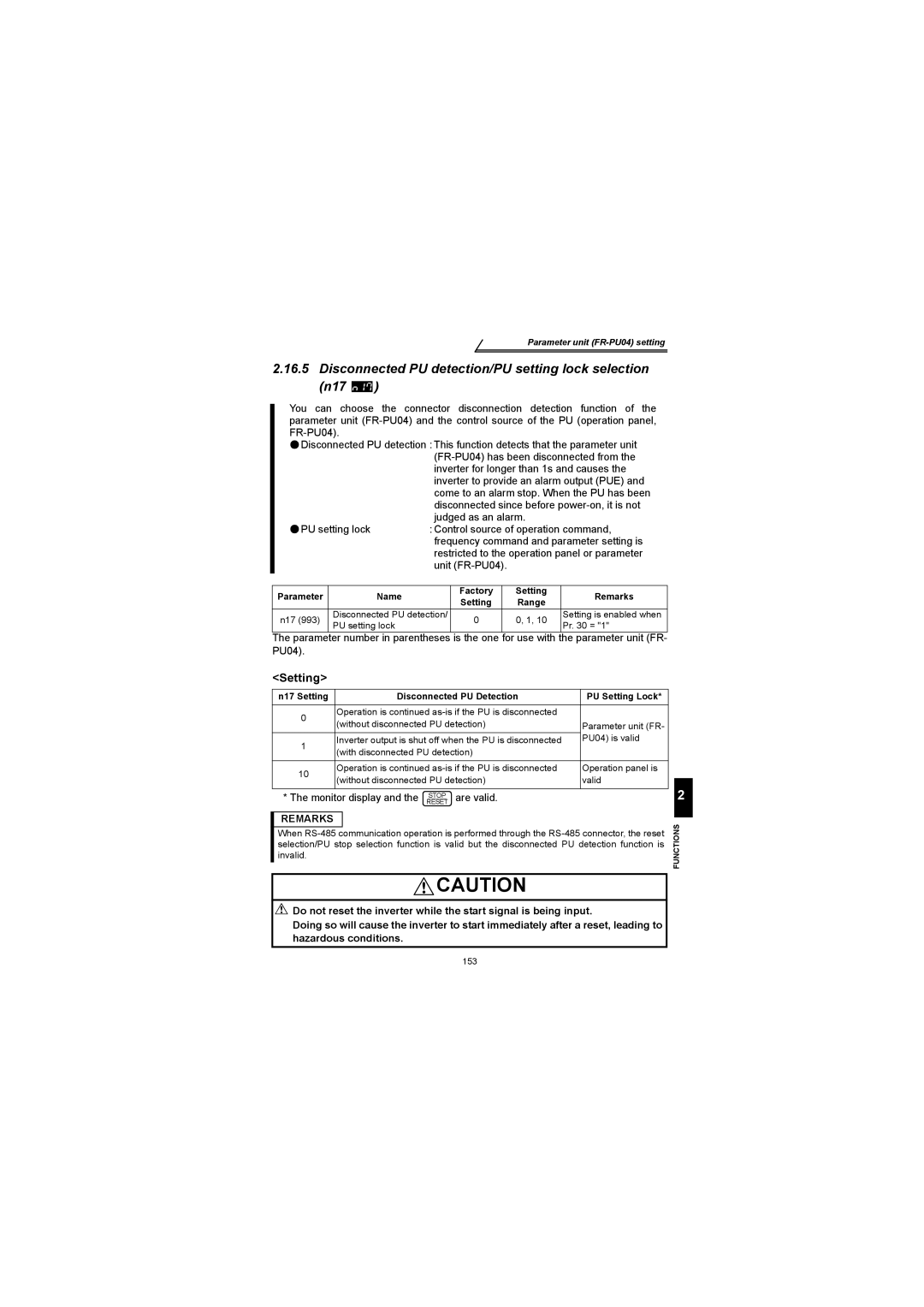 Mitsubishi Electronics FR-S500 instruction manual Disconnected PU detection/PU setting lock selection n17 